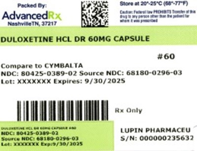 Duloxetine 60mg #60 (Duloxetine HCl Dr 60mg 80425 0389 02)
